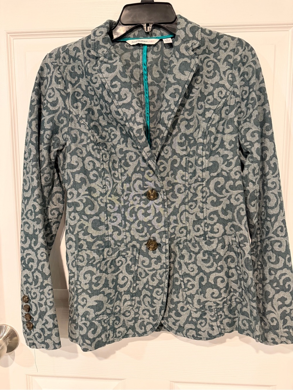 Isaac Mizrahi Teal and Light Blue Scroll-Print Blazer